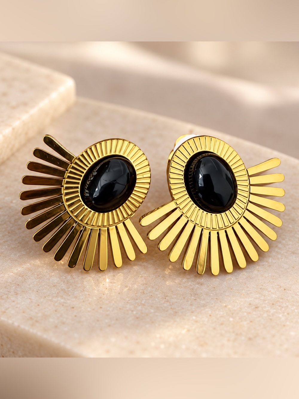 Anthropologie Gold Fanburst Earrings with Black Cabochon